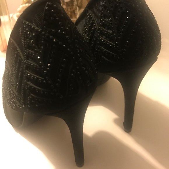 JESSICA SIMPSON 7 BLACK MESH SPARKLY RHINESTONE STILETTO HEELS holiday Christmas - Picture 15 of 16